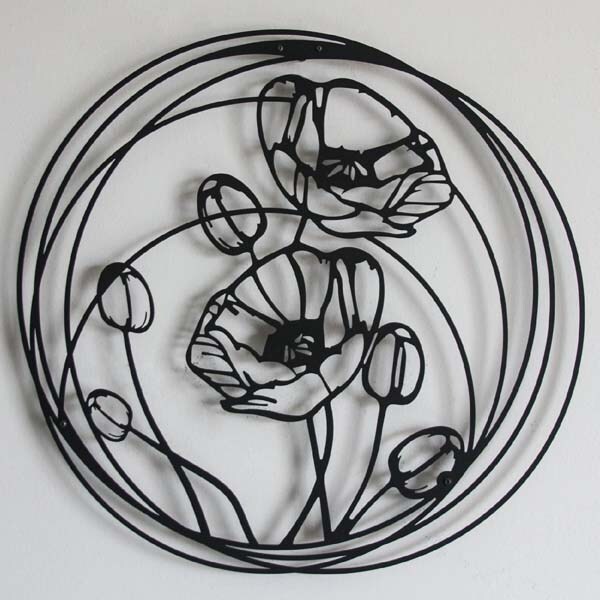 Decoratiune perete Poppy Flowers, 49 x 49 cm, metal, negru