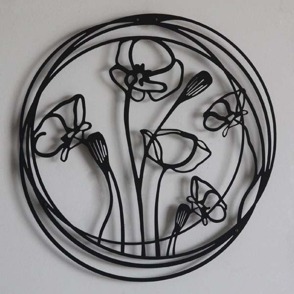Decoratiune perete Poppy Flowers, 49 x 49 cm, metal, negru