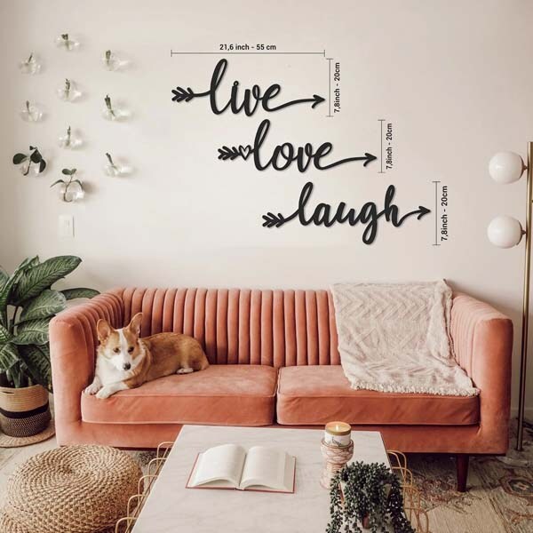 Decoratiune perete Live Love Laugh, 55 x 20 cm, metal, negru