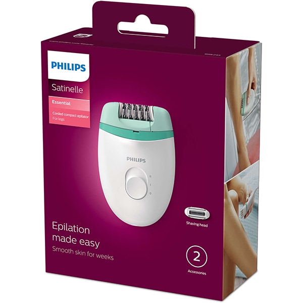 Epilator PHILIPS Satinelle Essential BRE245/00, 2 viteze, 2 accesorii, retea, alb-verde