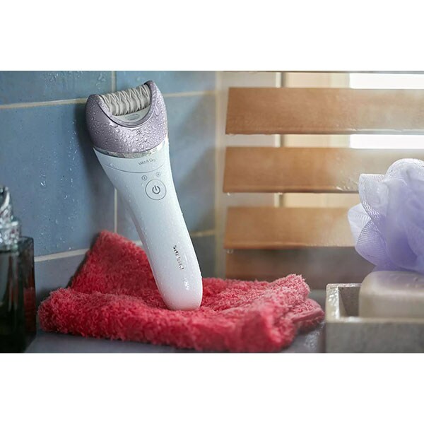 Epilator PHILIPS Satinelle Advanced Wet & Dry BRE635/00, 32 pensete, 2 viteze, 5 accesorii, acumulator, alb-mov