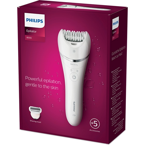 Epilator PHILIPS Series 8000 BRE710/00, 32 pensete, 2 viteze, 5 accesorii, Wet&Dry, acumulator, alb