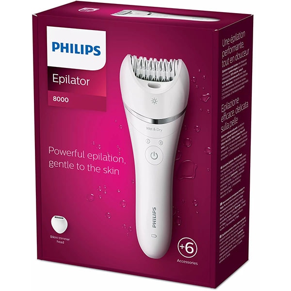 Epilator PHILIPS Series 8000 BRE715/00, 32 pensete, 2 viteze, 6 acesorii, Wet&Dry, acumulator, alb