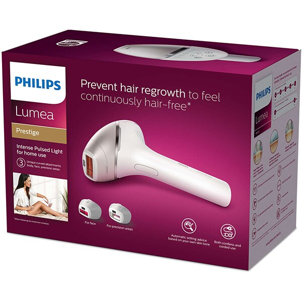Epilator IPL PHILIPS Lumea Prestige BRI953/00, 250.000 impulsuri, 3 accesorii, Senzor SmartSkin, acumulator, alb-argintiu