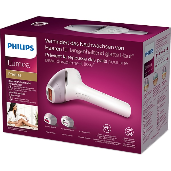 Epilator IPL PHILIPS Lumea Prestige BRI954/00, 250.000 impulsuri, 3 accesorii, Senzor Smartskin, acumulator, alb-lila