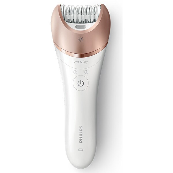 Epilator PHILIPS Satinelle Prestige BRP586/00, 32 pensete, 2 viteze, 7 accesorii, acumulator, alb-roz + Perie faciala