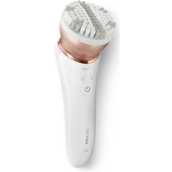 Epilator PHILIPS Satinelle Prestige BRP586/00, 32 pensete, 2 viteze, 7 accesorii, acumulator, alb-roz + Perie faciala