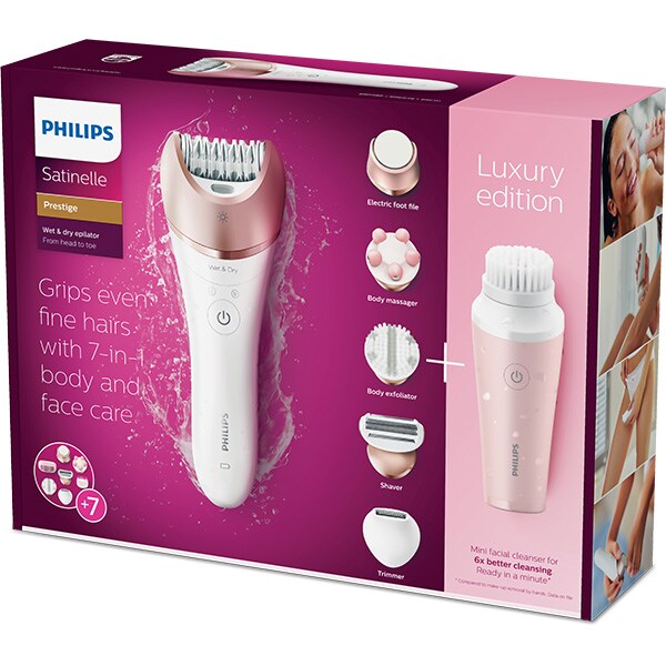 Epilator PHILIPS Satinelle Prestige BRP586/00, 32 pensete, 2 viteze, 7 accesorii, acumulator, alb-roz + Perie faciala