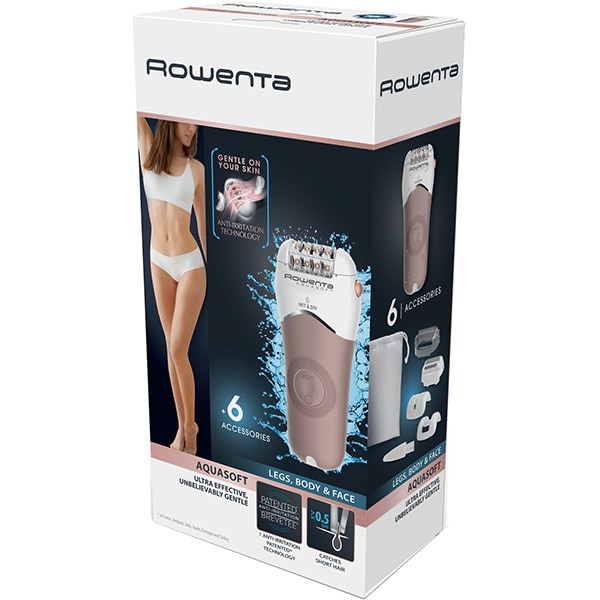 Epilator ROWENTA Aqua Soft EP4930F0, 24 pensete, 2 viteze, 6 accesorii, Wet&Dry, acumulator, alb-argintiu