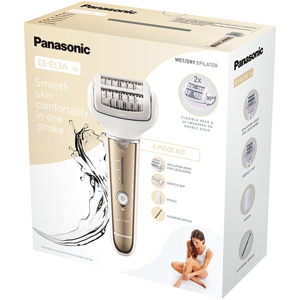 Epilator PANASONIC ES-EL3A-N503, 60 pensete, 3 viteze, 4 accesorii, acumulator, alb-auriu