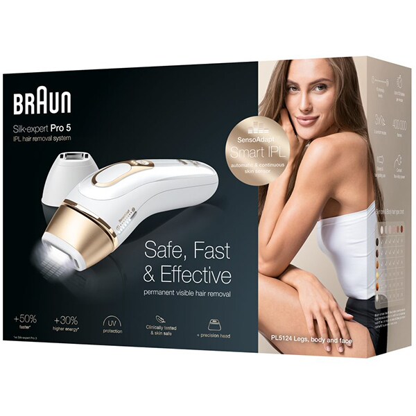 Epilator BRAUN Silk-epil Expert Pro 5 PL5124, 400.000 pulsatii, alb + Aparat de ras