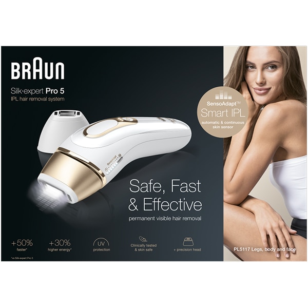 Epilator IPL BRAUN Silk-expert Pro 5 PL5129, 400.000 impulsuri, SensoAdapt, retea, alb-auriu + Mini aparat pentru indepartarea parului facial + Aparat de ras