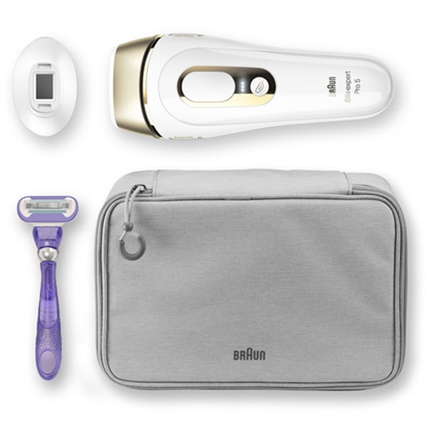 Epilator IPL BRAUN Silk-expert Pro 5 PL5129, 400.000 impulsuri, SensoAdapt, retea, alb-auriu + Mini aparat pentru indepartarea parului facial + Aparat de ras