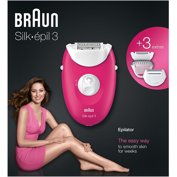 Epilator BRAUN Silk-epil 3 3-410, 20 pensete, 2 viteze, 2 accesorii, SoftLift Tips, retea, alb-roz