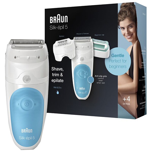 Epilator BRAUN Silk-epil 5 5-610, 28 pensete, 2 viteze, 2 accesorii, Wet&Dry, acumulator, albastru-alb