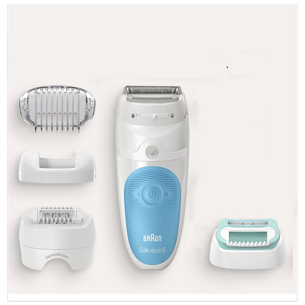 Epilator BRAUN Silk-epil 5 5-610, 28 pensete, 2 viteze, 2 accesorii, Wet&Dry, acumulator, albastru-alb