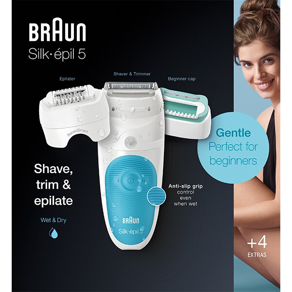 Epilator BRAUN Silk-epil 5 5-610, 28 pensete, 2 viteze, 2 accesorii, Wet&Dry, acumulator, albastru-alb