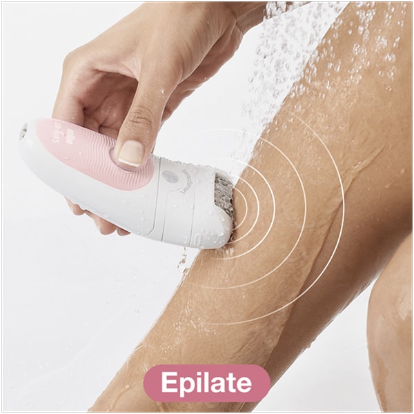 Epilator BRAUN Silk-epil 5 5-885, 28 pensete, 2 viteze, 3 accesorii, Wet&Dry, SensoSmart, acumulator, roz-alb + Perie faciala