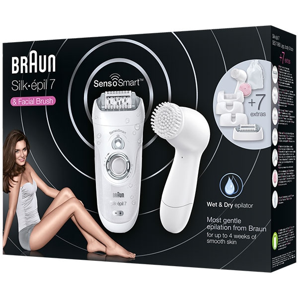 Epilator Braun Silk-epil 7 SensoSmart SE7/860, 40 pensete, 2 viteze, 3 accesorii, acumulator, argintiu
