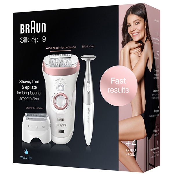 Epilator BRAUN Silk-epil 9 9/890, 40 pensete, 2 viteze, 4 accesorii, Wet&Dry, SensoSmart, Micro-Grip, acumulator, alb-roz + Trimmer