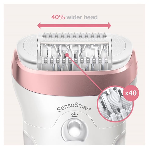 Epilator BRAUN Silk-epil 9 9/890, 40 pensete, 2 viteze, 4 accesorii, Wet&Dry, SensoSmart, Micro-Grip, acumulator, alb-roz + Trimmer