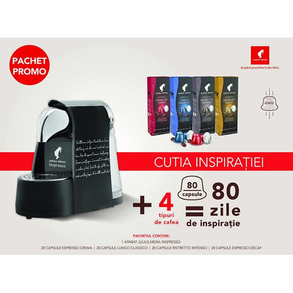 Pachet: Espressor capsule JULIUS MEINL Inspresso + 80 capsule M00134, 1l, 1450W, 15 bar, negru-argintiu