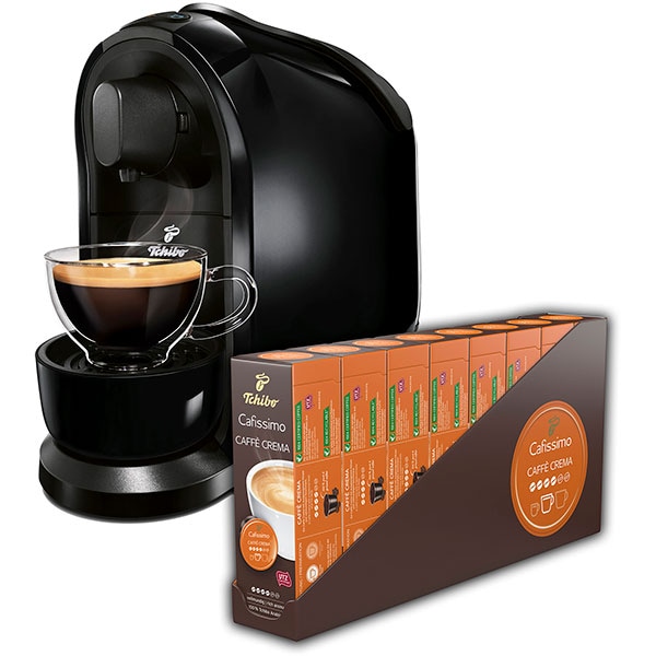 Pachet: Espressor capsule TCHIBO Cafissimo PURE + 80 capsule PUREBK80, 1l, 1250W, 15 bar, negru 