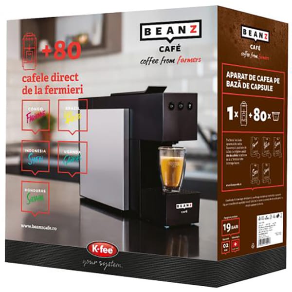 Pachet Espressor BEANZ Square 304570 + 5 cutii de capsule cu cafea, 1l, 19 bari, 1455W, negru - gri 