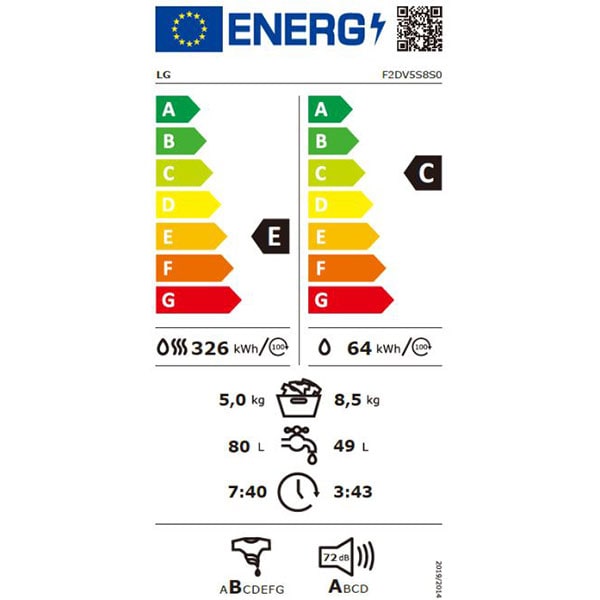 Masina de spalat rufe frontala slim cu uscator LG F2DV5S8S0, Steam, Wi-Fi, 8.5/5kg, 1200rpm, Clasa C/E, alb
