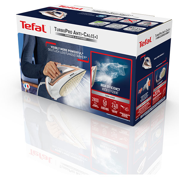 Fier de calcat TEFAL Turbo Pro Anti-calc FV5687E0, 2800W, 240g/min, 300ml, talpa Durilium Airglide Autoclean, alb-roz