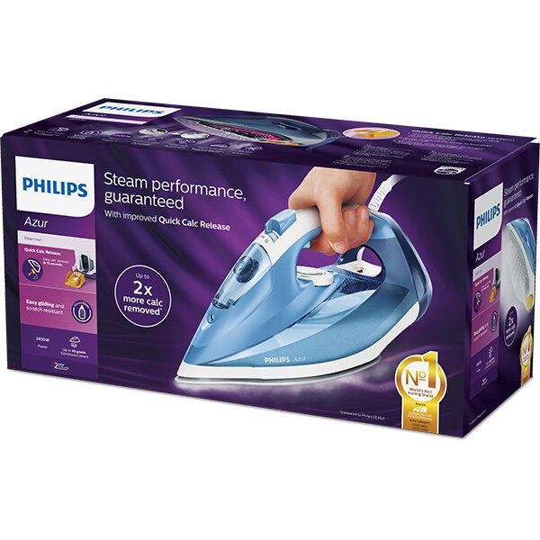 Fier de calcat PHILIPS Azur GC4532/20, 2400W, 180g/min, talpa SteamGlide, alb-bleu