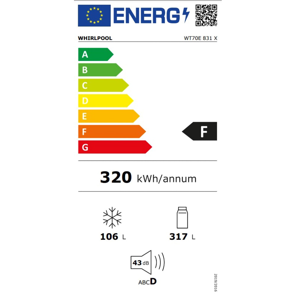 Frigider cu doua usi WHIRLPOOL WT70E 831 X, Total No Frost, 423 l, H 180 cm, Clasa F, inox
