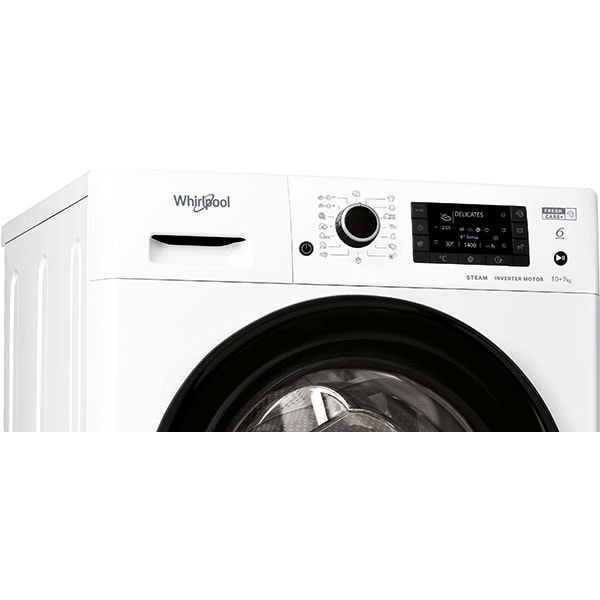 Masina de spalat rufe frontala cu uscator WHIRLPOOL FWDD 1071682 WBV EU N, 6th Sense, 10/7 kg, 1600rpm, Clasa D/E, alb
