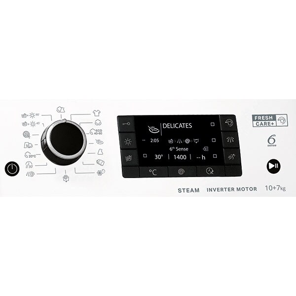 Masina de spalat rufe frontala cu uscator WHIRLPOOL FWDD 1071682 WBV EU N, 6th Sense, 10/7 kg, 1600rpm, Clasa D/E, alb
