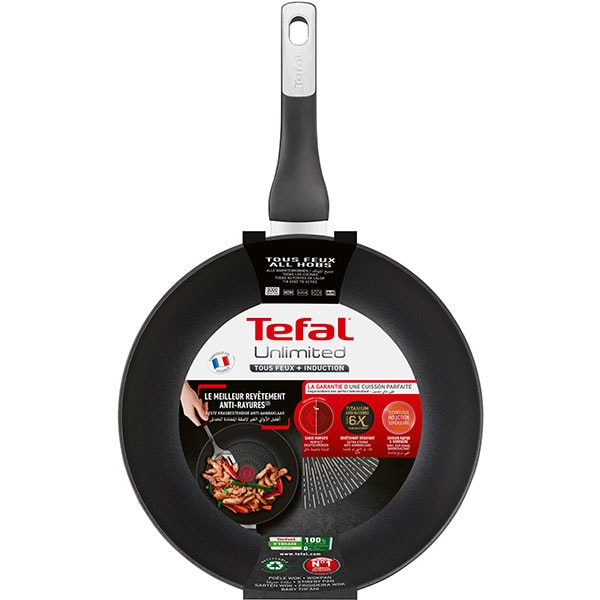 Tigaie wok TEFAL Unlimited G2551972, 28cm, aluminiu, Thermo Signal, negru