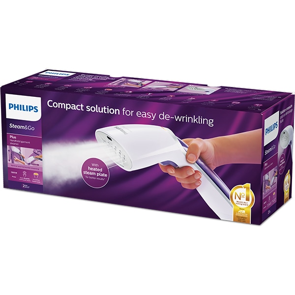 Aparat de calcat vertical PHILIPS Steam&Go Plus GC360/30, 1200W, 70ml, SmartFlow, alb-mov