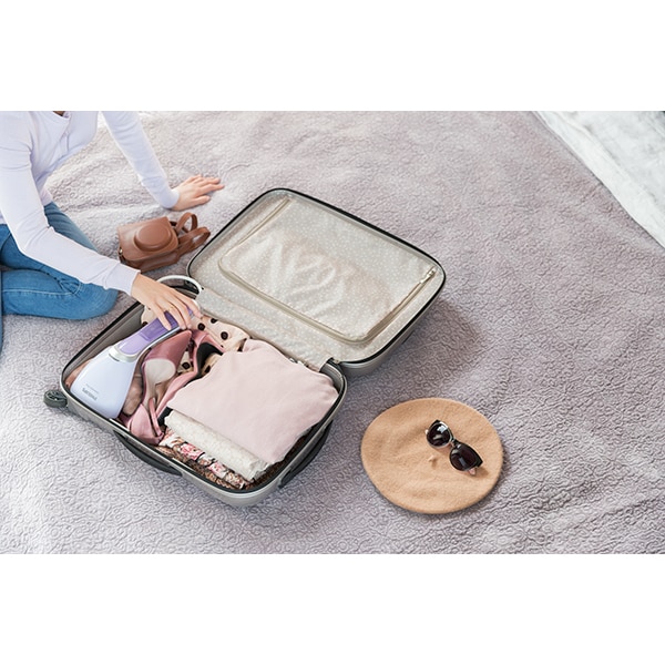 Aparat de calcat vertical PHILIPS Steam&Go Plus GC360/30, 1200W, 70ml, SmartFlow, alb-mov