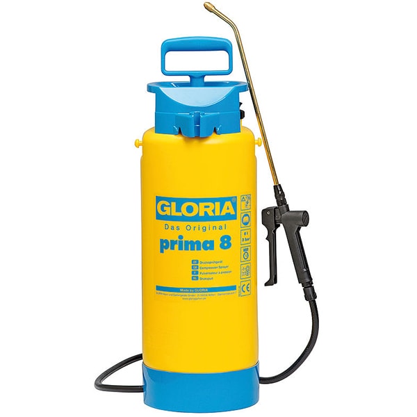 Pompa de stropit GLORIA Prima 8, 8L, 3 bar, lance din alama, duza reglabila, garnituri NBR, galben