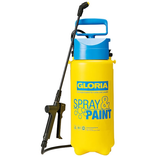 Pompa de stropit GLORIA Spray&Paint, 5L, 3 bar, pentru uleiuri si vopsele fara solvent, unghi de pulverizare 110, garnituri FKM, galben