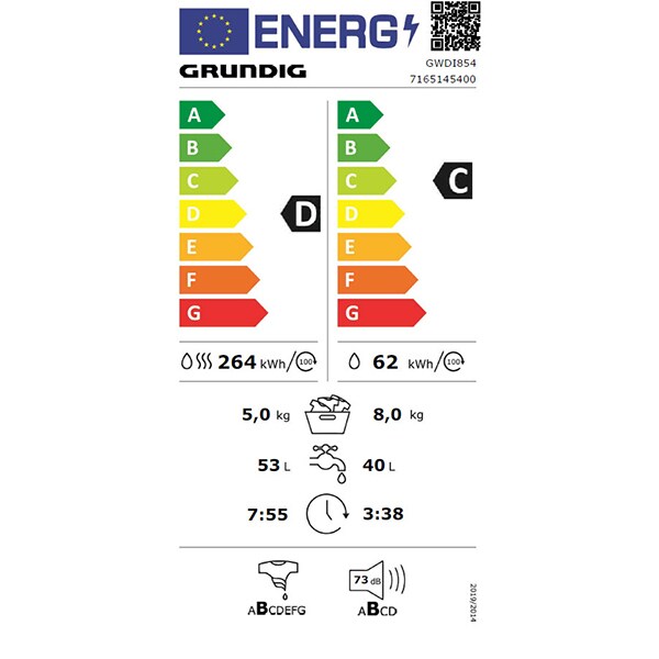Masina de spalat rufe incorporabila cu uscator GRUNDIG GWDI854, 8/5 kg, 1400rpm, Clasa C/D, alb