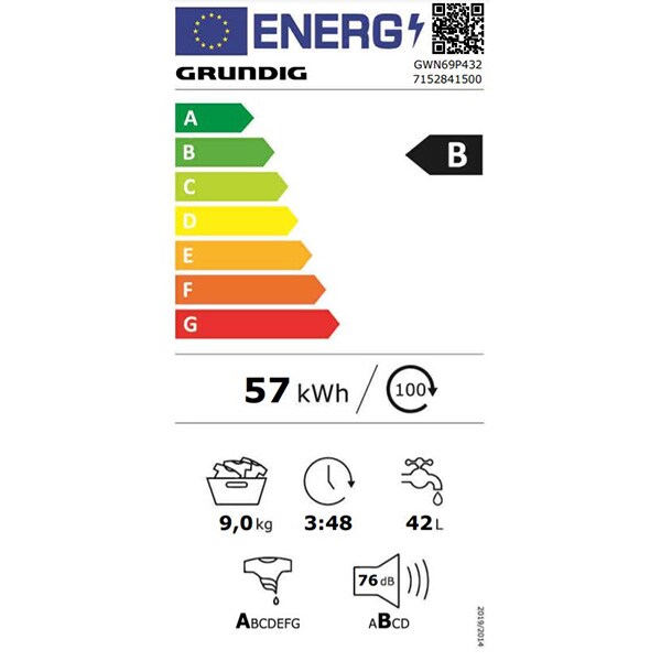 Masina de spalat rufe frontala GRUNDIG GWN69P432, HomeWhiz, 9 kg, 1600rpm, Clasa B, alb