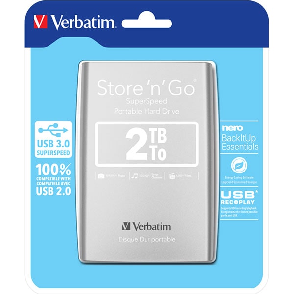 Hard Disk extern VERBATIM Store 'n' Go, 2TB, USB 3.0, argintiu