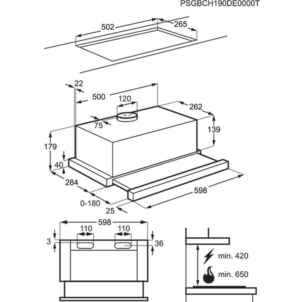 Hota incorporabila telescopica ELECTROLUX LFP316AB, 1 motor, 370 m3/h, L 60 cm, gri