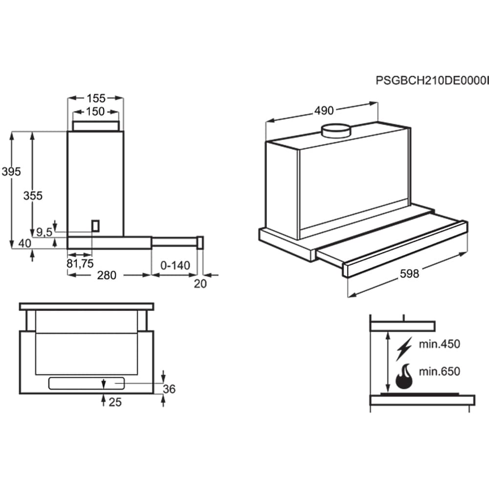 Hota incorporabila telescopica ELECTROLUX LFP616K, 1 motor, 600 m3/h, L 60 cm, negru