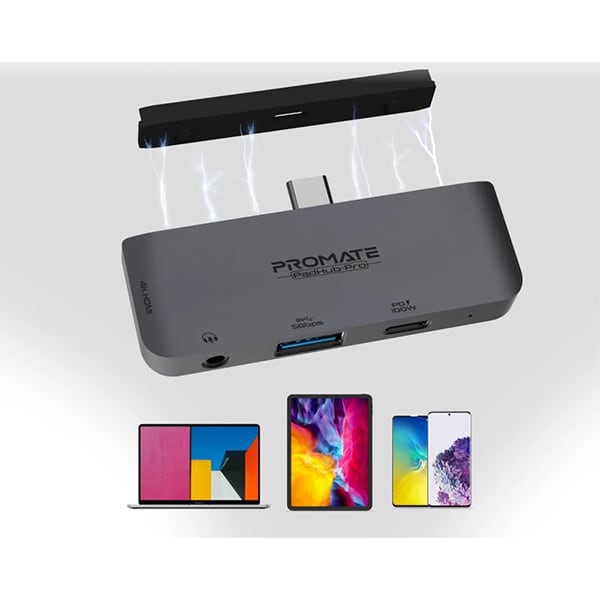 Hub USB PROMATE Padhub-Pro PD100W, USB 3.0, HDMI, Jack 3.5 mm, gri