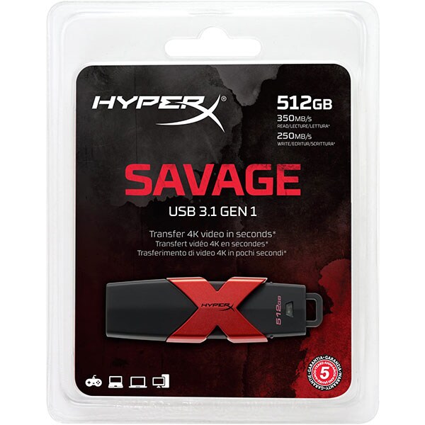 Memorie USB KINGSTON HyperX Savage, 512GB, USB 3.1, negru-rosu