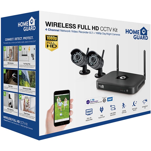 Kit supraveghere video HOMEGUARD HGNVK48302, 2 camere Full HD 1080p, NVR, 4 canale, Wireless, negru