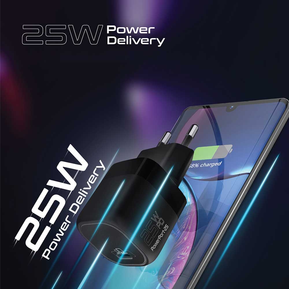 Incarcator retea PROMATE PowerPort-25, USB-C, Power Delivery I(PD) 25W, negru