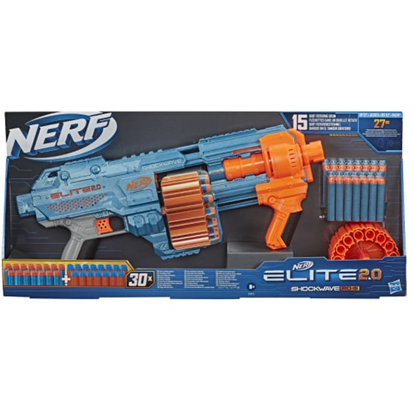 Blaster NERF Elite 2.0 - Shockwave RD-15 E9527, 8 ani+, albastru-portocaliu
