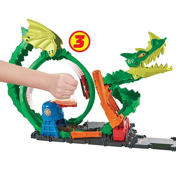 Set masinuta HOT WHEELS Cursa dragonului MTHDP03O, 5 ani+, multicolor